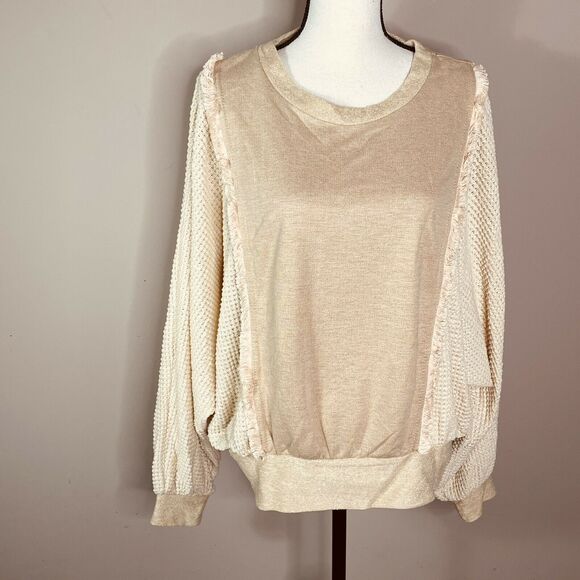 Umgee Tan Beige Fringe Waffle Knit Dolman Sleeve Sweater Size S - Picture 2 of 9